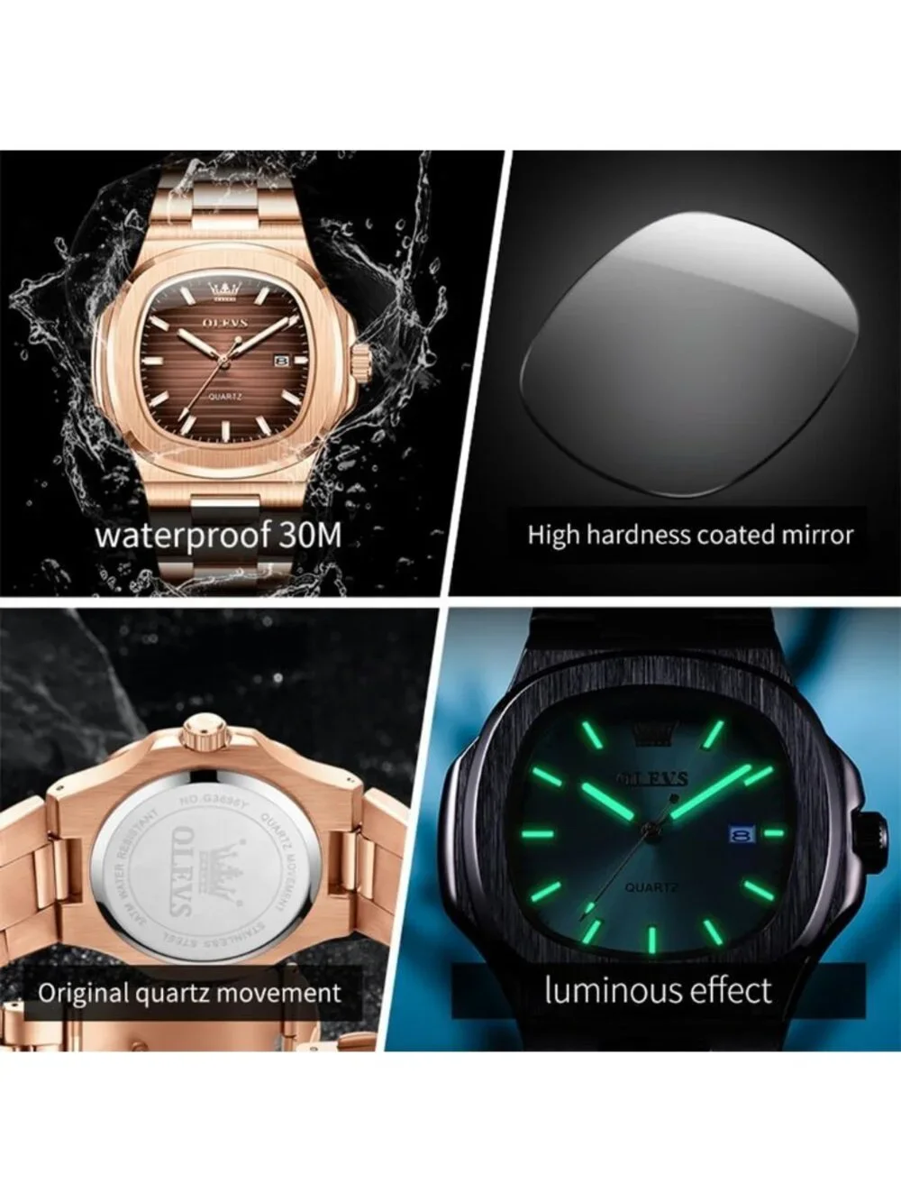 Men's Rose Gold/Brown Luxury Octagon Stainless Steel Waterproof Dress Watch